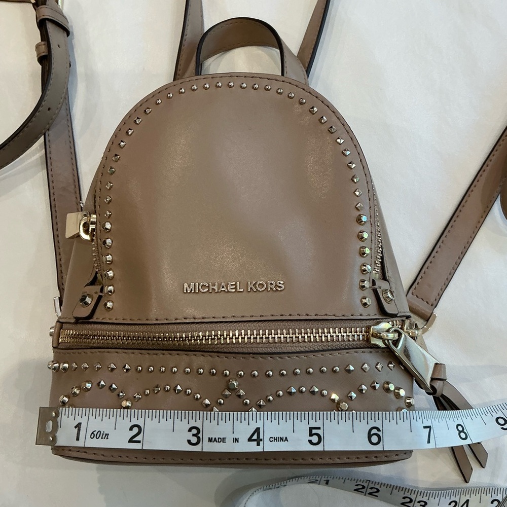 Michael Kors Rhea Studded Leather Mini Backpack in Taupe - Picture 14 of 16